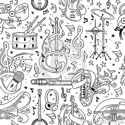 Musical equipment hand drawn outline seamless pattern Vector Illustration