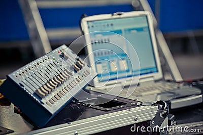 Musical equipment and monitor sound engineer Stock Photo