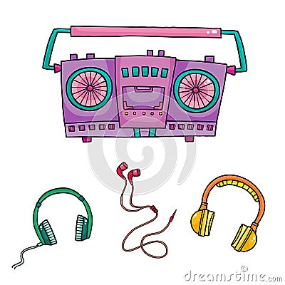 Musical equipment. Retro tape recorders and collection of headph Vector Illustration