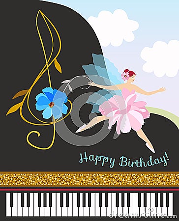 Musical fairy girl in pink tutu with treble clef in shape of cosmos flower and black concert grand piano. Happy birthday card Vector Illustration