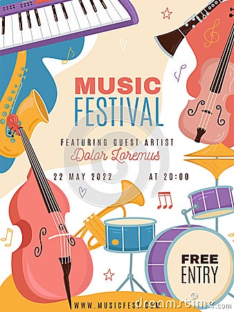 Musical festival poster. Jazz band party invitation, different instruments, strings, percussion and wind. Modern and Vector Illustration