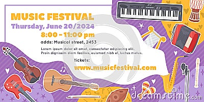 Musical festival poster. Jazz and blues bands performance. Brass, strings and percussion instruments. Orchestra concert Vector Illustration