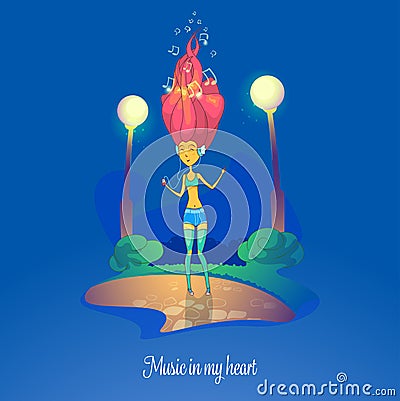 Musical girl in headphones listen to music at park Vector Illustration