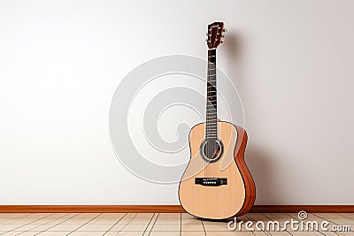 Musical harmony: Acoustic guitar and keys laid flat on a pristine white backdrop. Stock Photo