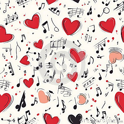A musical heart pattern, where tiny hearts float among musical notes and symbols, creating a Stock Photo