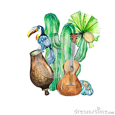 Toucan, guitar, cactus, palm watercolor. Festa Junina illustration Cartoon Illustration