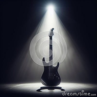 A musical instrument: electric guitar, sits on alone on stage ready to play, under a strong single spotlight Stock Photo