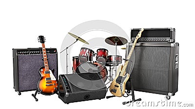 Musical instrument guitars and speakers instrumental set 3d render on whiye no shadow Stock Photo