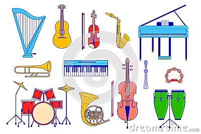 Musical instrument set isolated on white, guitar, piano and drums in flat style, vector illustration Vector Illustration