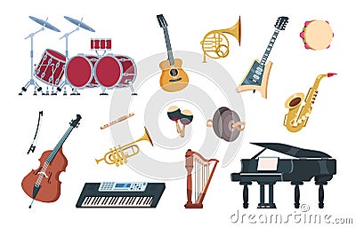 Musical instruments. Acoustic, electric and percussion cartoon vintage equipment for music concerts and party. Vector Vector Illustration