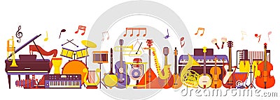 Musical instruments banner. Instrumental band, saxophone drum guitar background. Music jazz orchestra concert, abstract Vector Illustration