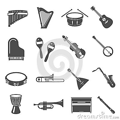 Musical instruments bold black silhouette icons set isolated on white. Harp, drum, flute, piano. Vector Illustration