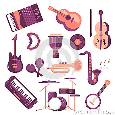 Musical instruments cartoon vector set synthesizer djembe drum violin saxophone accordion tambourine maracas trumpet drive Vector Illustration