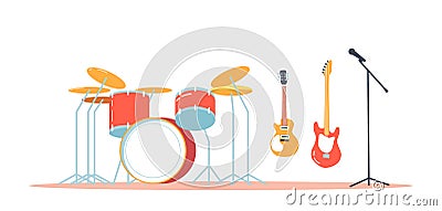 Musical Instruments Drum Kit, Electric Guitars and Floor Microphone, Professional Equipment for Rock Music Band Vector Illustration