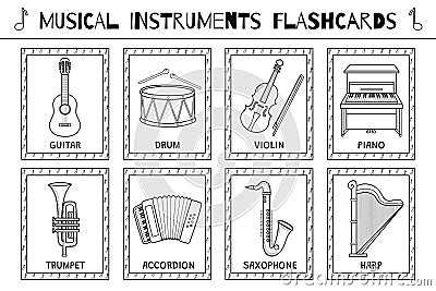 Musical instruments black and white flashcards collection. Flash cards collection for coloring Vector Illustration
