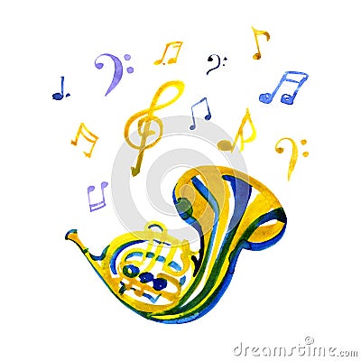 Musical instruments graphic template. French horn. Watercolor illustration with note Cartoon Illustration
