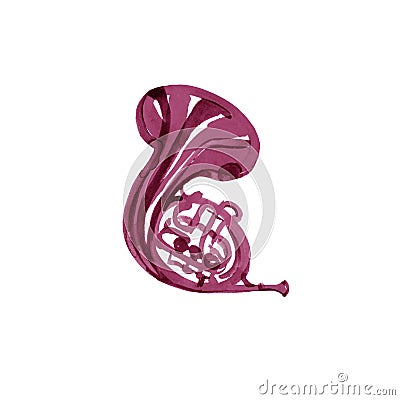 Musical instruments graphic template. French horn. Watercolor illustration. Maroon, burgundy, claret, vinous, purple Stock Photo