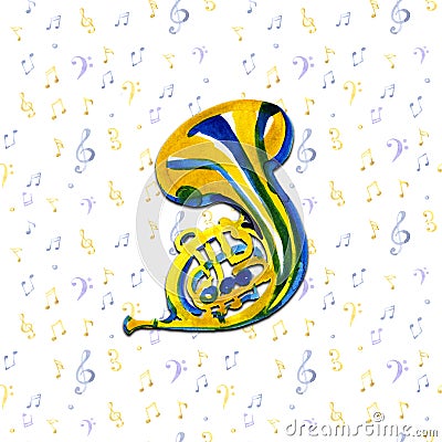 Musical instruments graphic template. French horn. Watercolor illustration on notes background Stock Photo