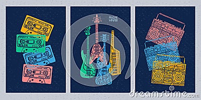 Musical instruments, guitar, fiddle, violin, clarinet, banjo, trombone, trumpet, saxophone, sax. Hand drawn vector illustration. Vector Illustration