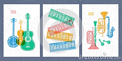 Musical instruments, guitar, fiddle, violin, clarinet, banjo, trombone, trumpet, saxophone, sax. Hand drawn vector illustration. Vector Illustration