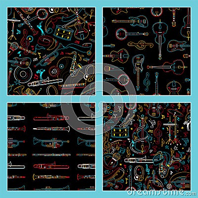 Musical instruments hand drawn outline seamless pattern set Vector Illustration