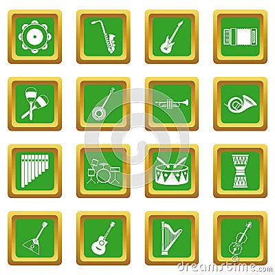 Musical instruments icons set green Vector Illustration