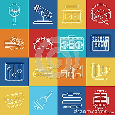 Musical instruments lineart minimal vector iconset on multicolor checkered texture Stock Photo