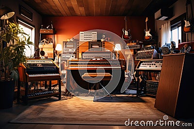 Musical instruments in a music room. Musical instruments in a music room, Vintage music recording studio with amps and synthesizer Stock Photo