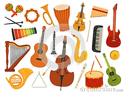 Musical instruments. Music sound instrument, harp and flute, synthesizer and drum. Graphics instrumental toys. Vector Vector Illustration