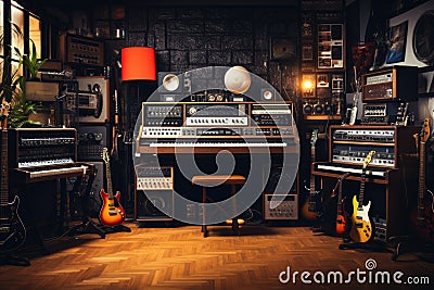 Musical instruments in a music studio. Vintage style. Music concept, Vintage music recording studio with amps and synthesizer, AI Stock Photo