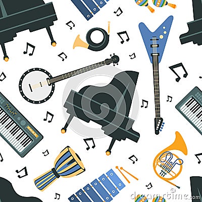 Musical instruments Seamless Pattern, Piano, Banjo, Guitar, French Horn, Trumpet, Synthesizer, Design Element Can Be Vector Illustration