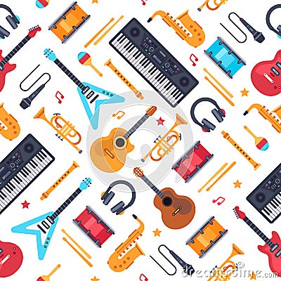 Musical instruments seamless pattern. Vintage piano synthesizer, rock guitar and drums. Music vector flat background Stock Photo