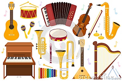 Musical instruments set. Collection with doodle music elements Vector Illustration