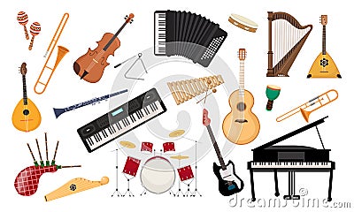 Musical instruments set. Folk classical musical equipment violin, bagpipe harp synthesizer. Vector Illustration