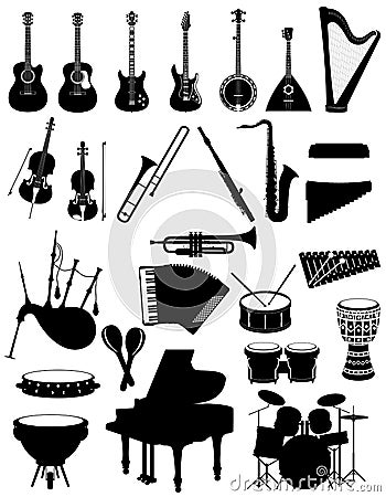 musical instruments set icons black silhouette outline stock vector illustration Vector Illustration