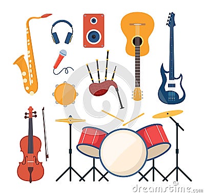 Musical instruments, set of icons. Guitar, synthesizer, violin, cello, drum, cymbals, saxophone, accordion, tambourine, grand Vector Illustration