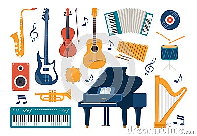 Musical instruments, set of icons. Guitar, synthesizer, violin, cello, drum, cymbals, saxophone, accordion, tambourine, grand Vector Illustration