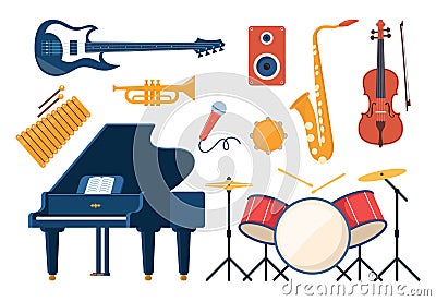 Musical instruments, set of icons. Guitar, synthesizer, violin, cello, drum, cymbals, saxophone, accordion, tambourine, grand Vector Illustration