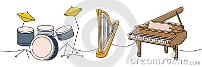 Musical instruments set one line colored continuous drawing. Drum kit, lyre, wooden harp, grand piano continuous one Cartoon Illustration