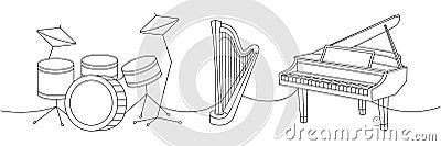 Musical instruments set one line continuous drawing. Drum kit, lyre, wooden harp, grand piano continuous one line Vector Illustration