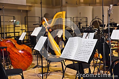 Musical instruments and sheet music Stock Photo