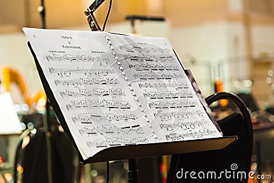 Musical instruments and sheet music Stock Photo