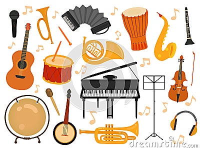 Musical instruments. Sound toys, music instrument for rhythm study. Flat isolated drum and flute, acoustic guitar and Vector Illustration