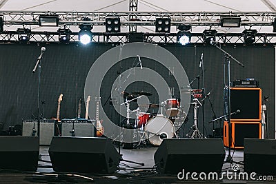 Musical instruments on stage, before the open concert Stock Photo