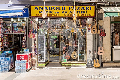 Musical instruments store in the center of Istanbul. Editorial Stock Photo