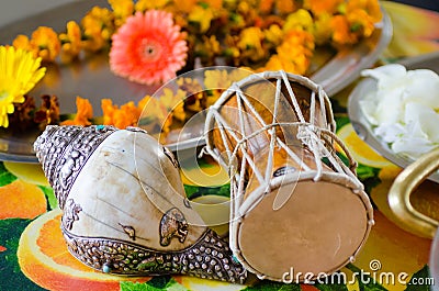 Musical instruments used for the fire ceremony during the puja Stock Photo