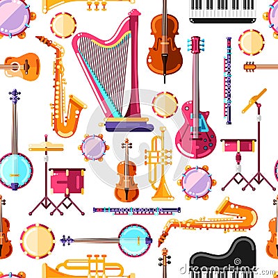 Musical instruments vector seamless pattern. Colorful background design for textile print Vector Illustration