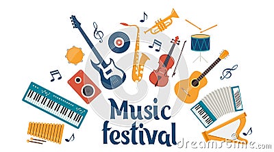 Musical instruments and vinyl record. Music festival invitation. Guitar, synthesizer, violin, cello, drum, cymbals, saxophone, Cartoon Illustration