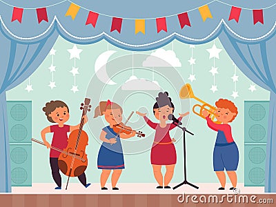 Musical kids on stage. School theater, girl singing or drama concert. Children music festival or show, modern young band Vector Illustration