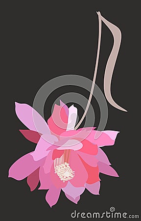 Musical note in shape of beautiful pink flower isolated on black background in vector. Logo, greeting or invitation card, banner Vector Illustration